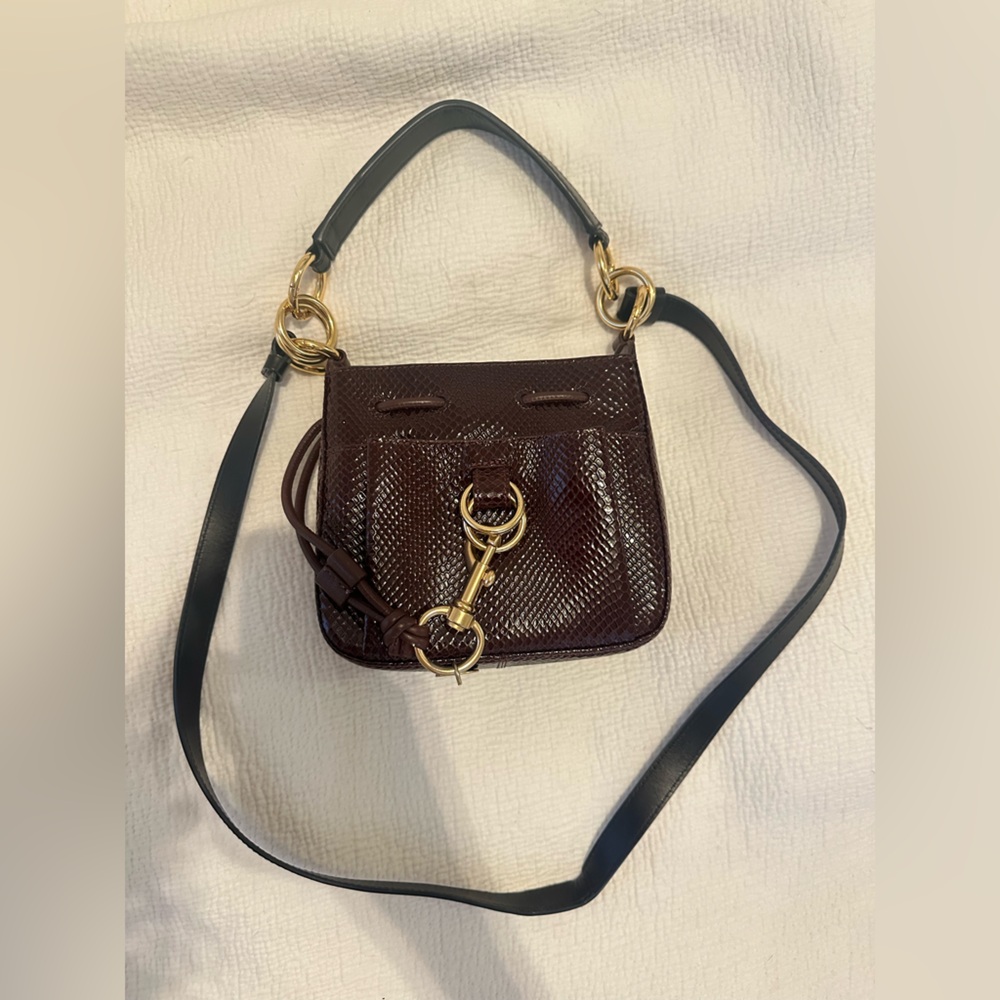 See by Chloe Tony Textured Patent Leather Small Bucket Bag - Burgundy Brown